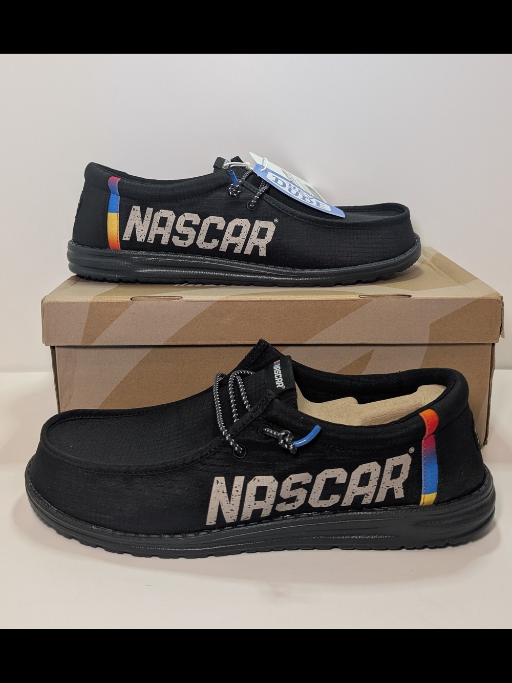 Hey Dude Wally NASCAR Shoes Mens Size 13 Black Ripstop Slip On Loafers NWT
